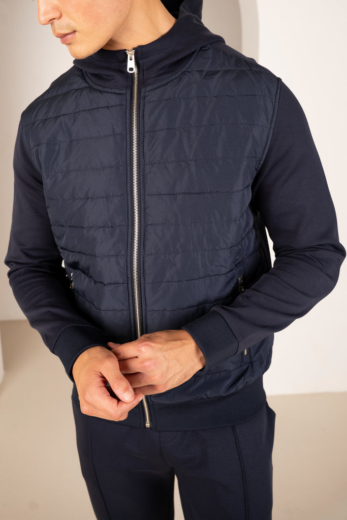 Hybrid Quilted Zip Through Hooded Jacket - Navy