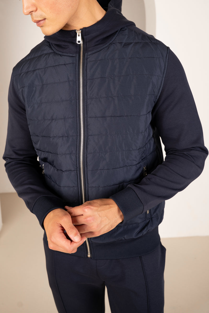 Hybrid Quilted Zip Through Hooded Jacket - Navy