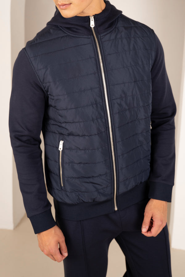 Hybrid Quilted Zip Through Hooded Jacket - Navy