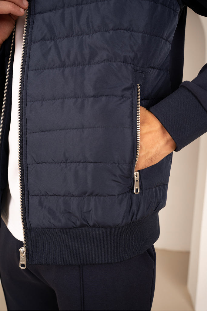 Hybrid Quilted Zip Through Hooded Jacket - Navy