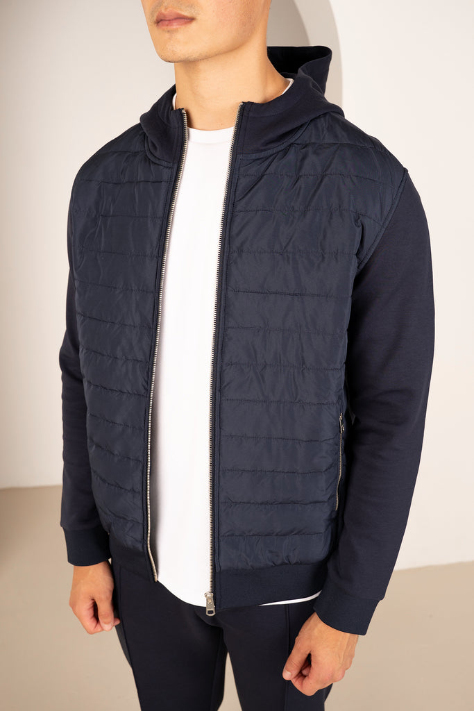 Hybrid Quilted Zip Through Hooded Jacket - Navy