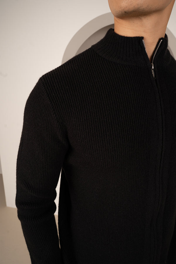 Ribbed Zip-Up Cardigan - Black