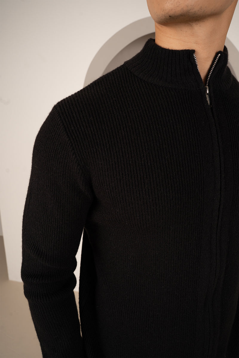 Ribbed Zip-Up Cardigan - Black