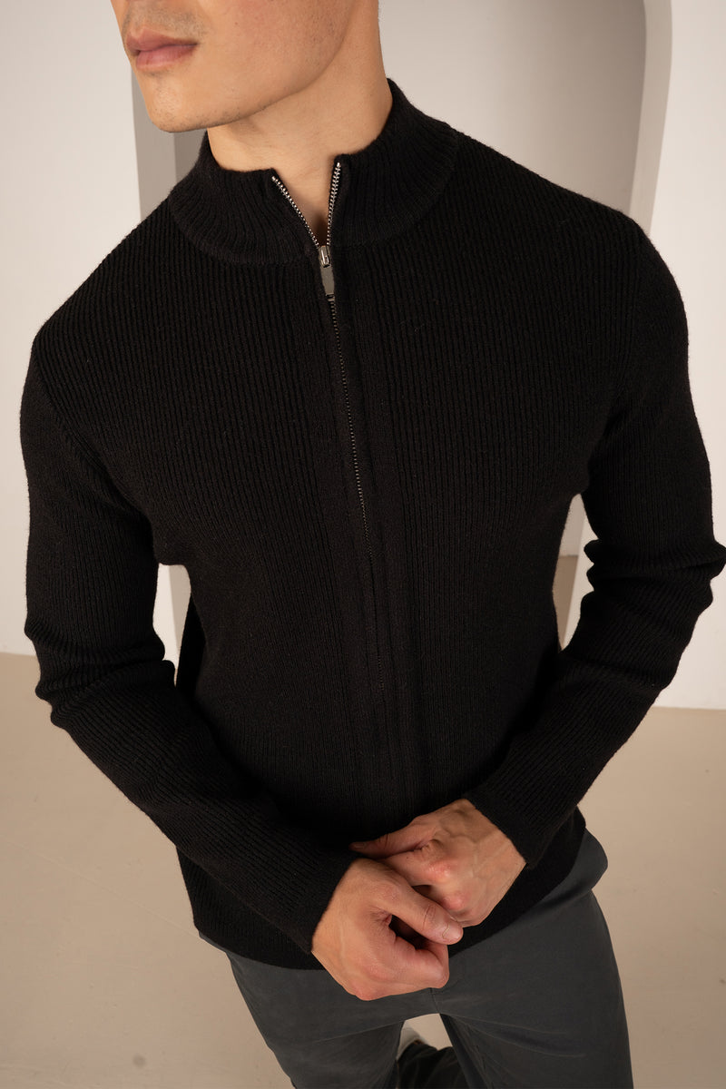 Ribbed Zip-Up Cardigan - Black