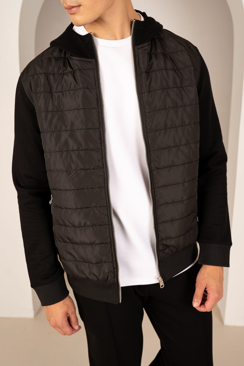 Hybrid Quilted Zip Through Hooded Jacket - Black
