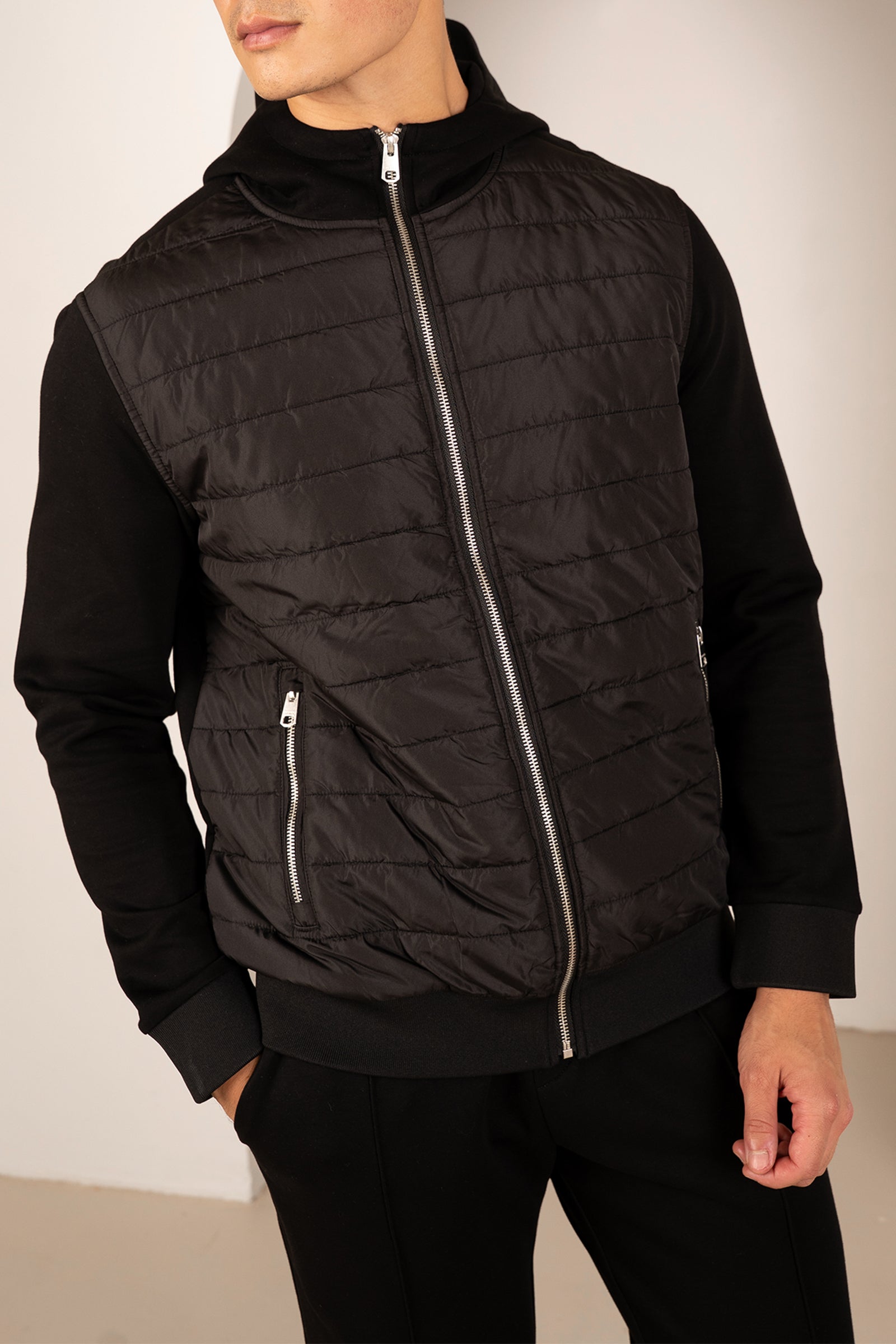 Hybrid Quilted Zip Through Hooded Jacket - Black