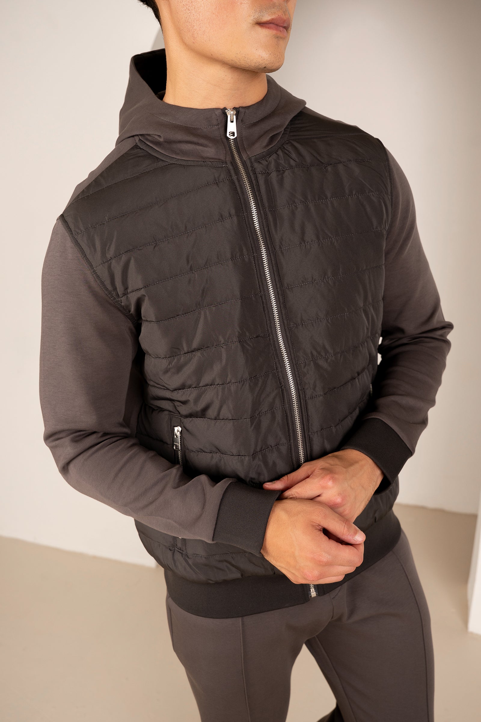 Hybrid Quilted Zip Through Hooded Jacket - Charcoal