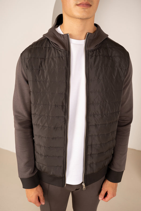 Hybrid Quilted Zip Through Hooded Jacket - Charcoal