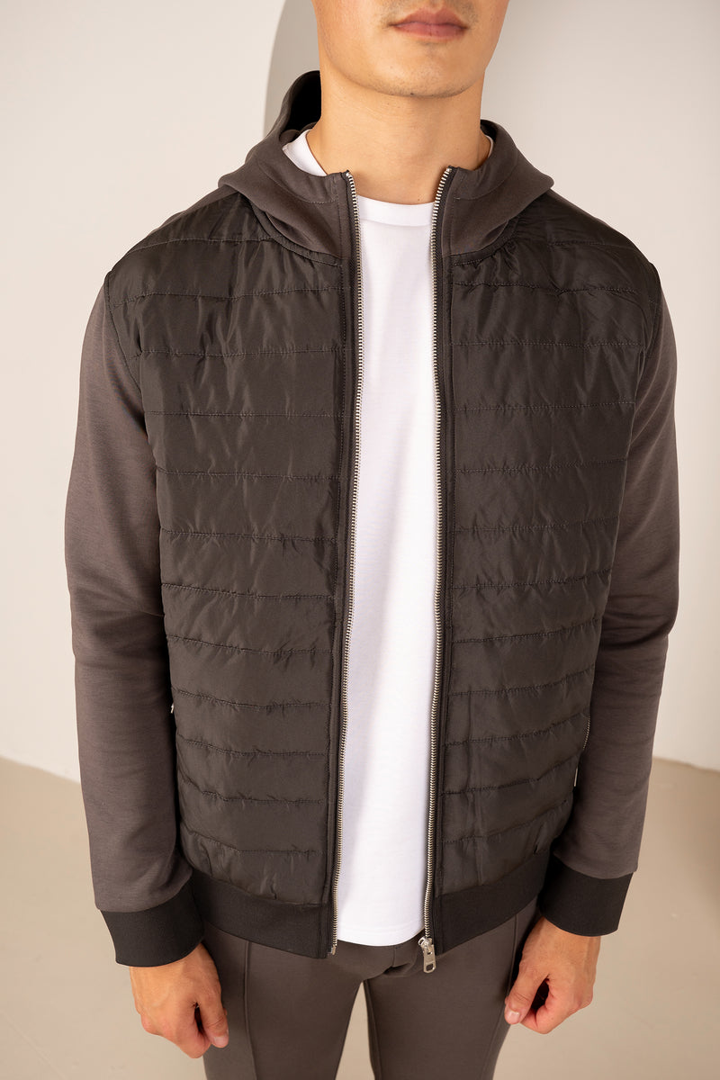 Hybrid Quilted Zip Through Hooded Jacket - Charcoal