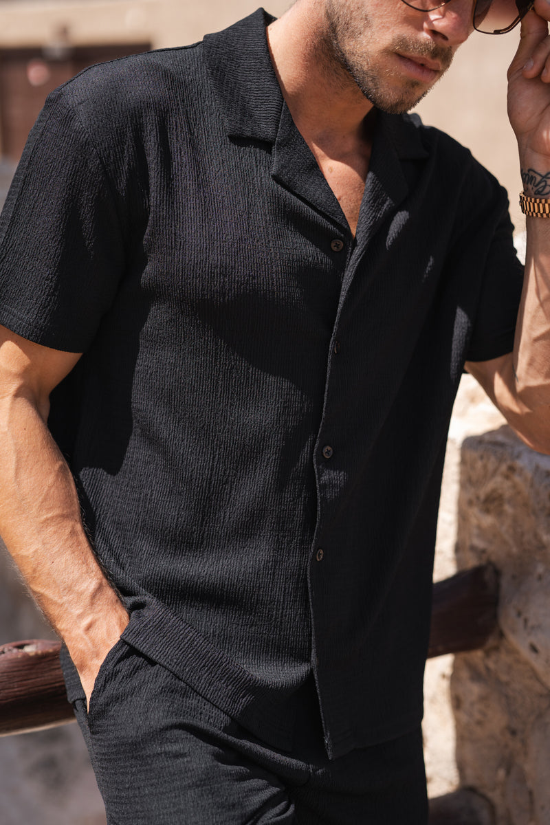 Seersucker Revere Collar Shirt - Black