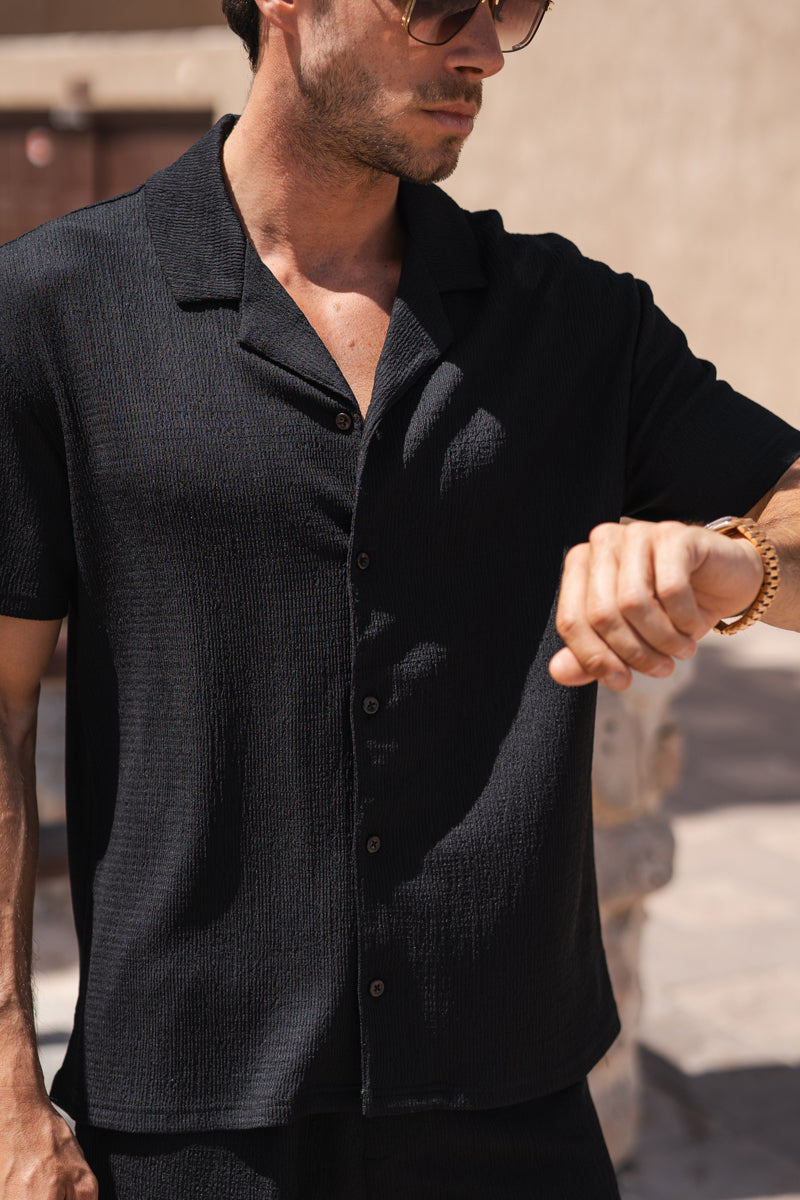 Seersucker Revere Collar Shirt - Black