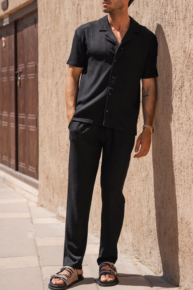Seersucker Revere Collar Shirt - Black