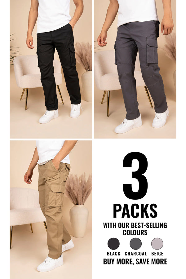 Regular Fit Utility Cargo Pant - 3 Colour (Black, Charcoal, Stone) - 3 Pack