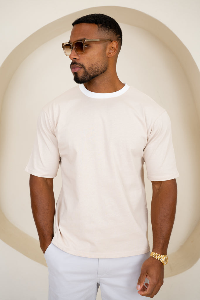 Relaxed Fit Contrast Neck T-Shirt - Beige