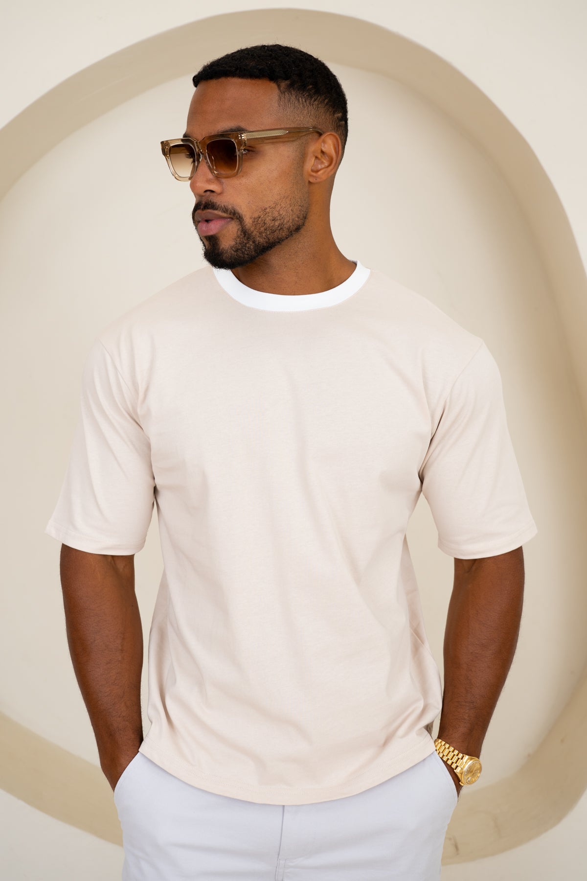 Relaxed Fit Contrast Neck T-Shirt - Beige