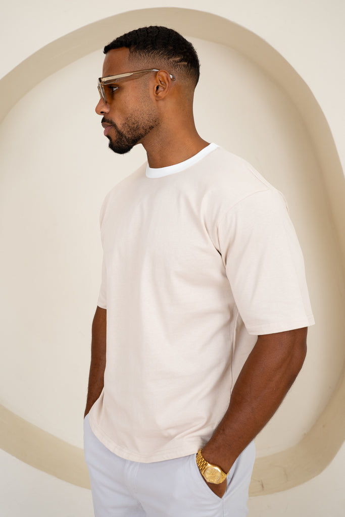 Relaxed Fit Contrast Neck T-Shirt - Beige