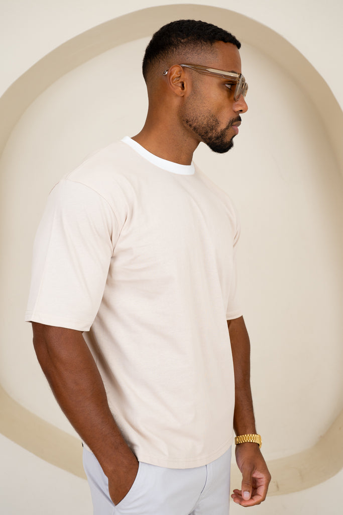 Relaxed Fit Contrast Neck T-Shirt - Beige