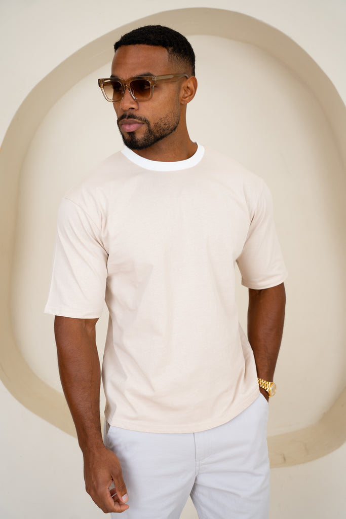 Relaxed Fit Contrast Neck T-Shirt - Beige