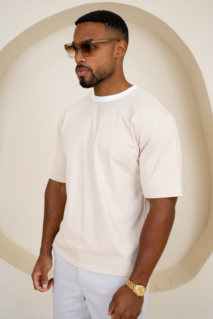 Relaxed Fit Contrast Neck T-Shirt - Beige