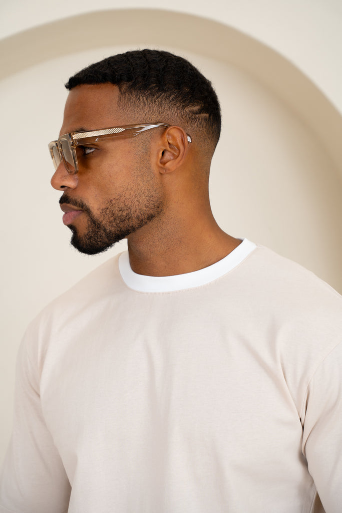 Relaxed Fit Contrast Neck T-Shirt - Beige