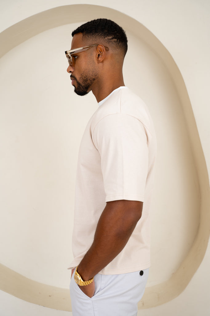 Relaxed Fit Contrast Neck T-Shirt - Beige