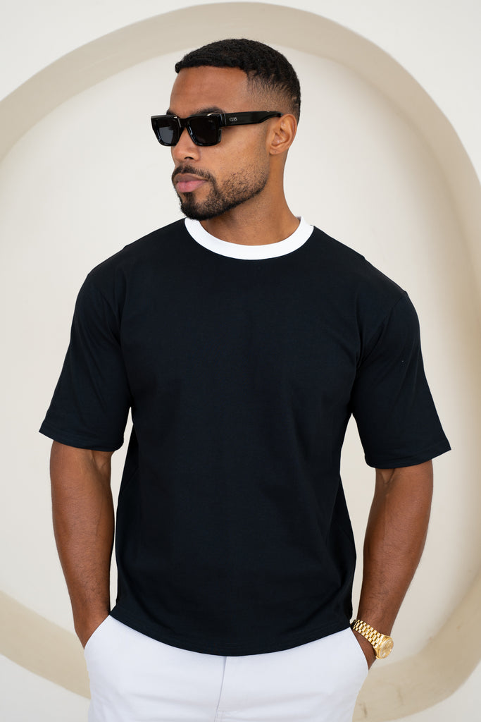 Relaxed Fit Contrast Neck T-Shirt - Black