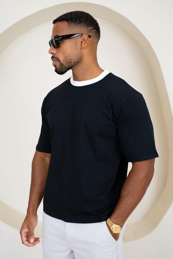 Relaxed Fit Contrast Neck T-Shirt - Black