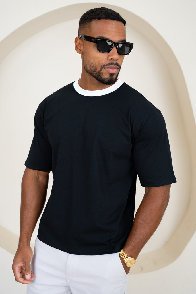 Relaxed Fit Contrast Neck T-Shirt - Black