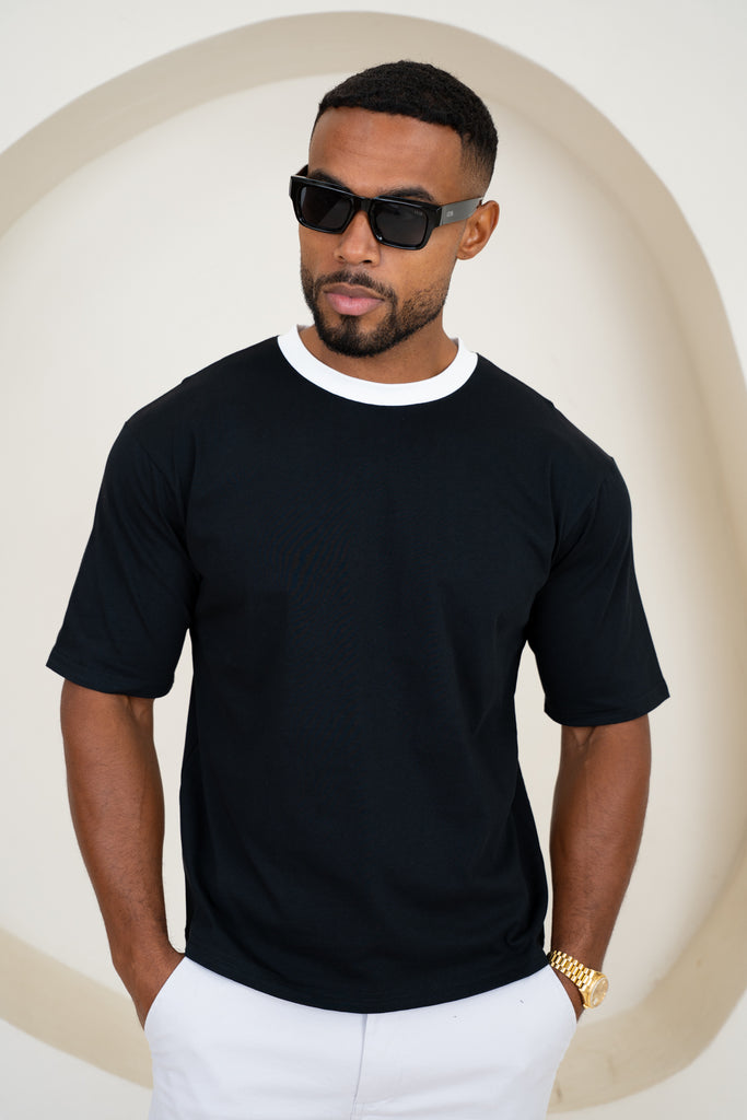 Relaxed Fit Contrast Neck T-Shirt - Black