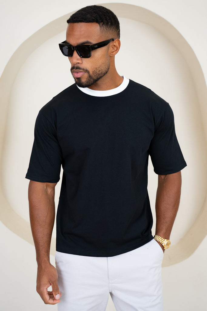 Relaxed Fit Contrast Neck T-Shirt - Black