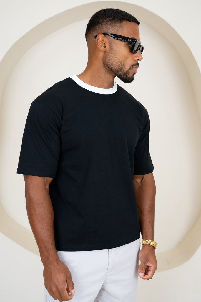 Relaxed Fit Contrast Neck T-Shirt - Black