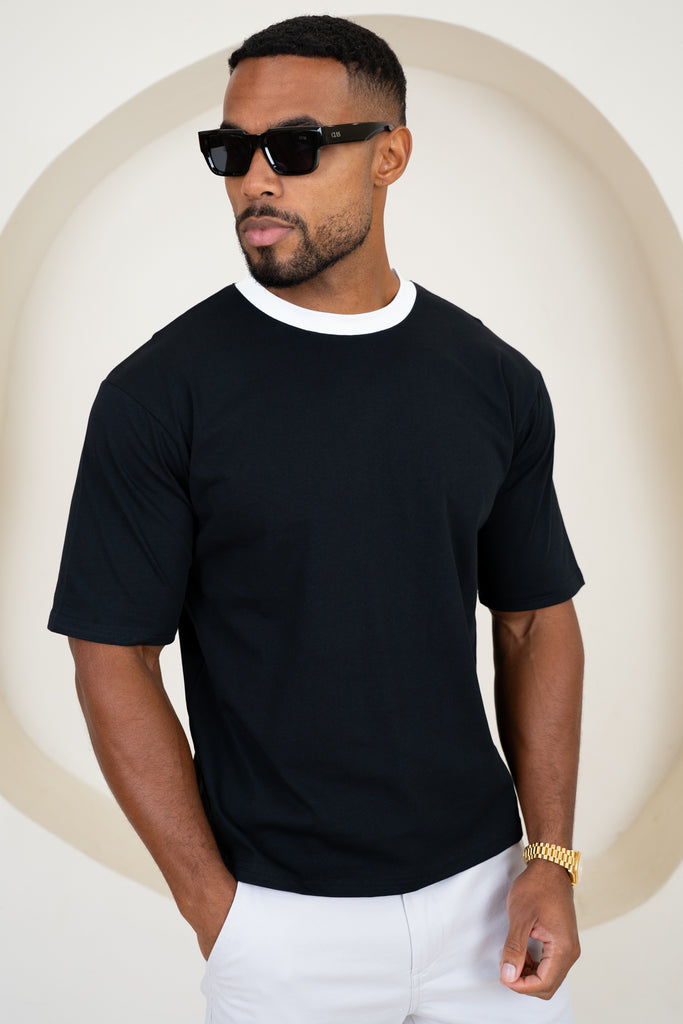 Relaxed Fit Contrast Neck T-Shirt - Black