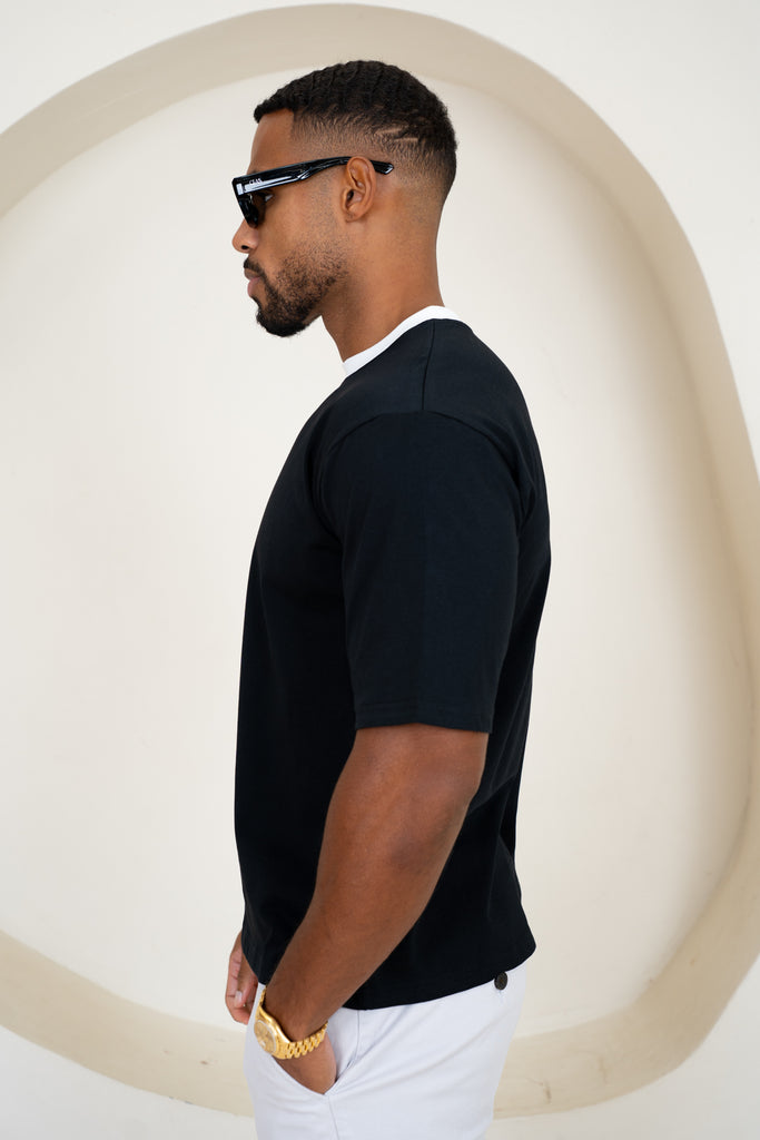 Relaxed Fit Contrast Neck T-Shirt - Black