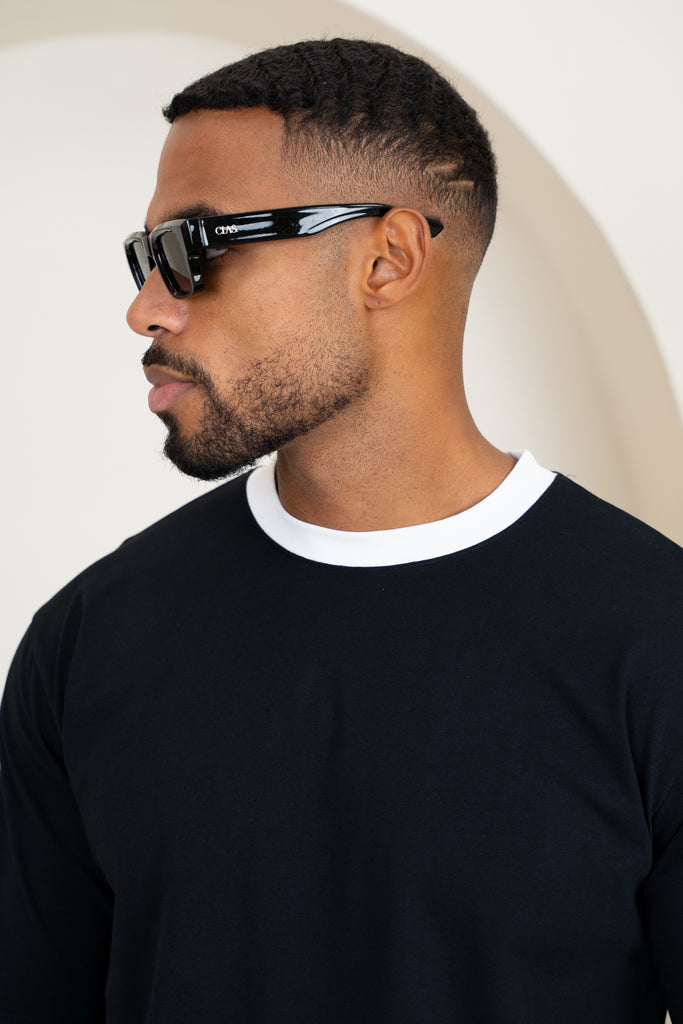 Relaxed Fit Contrast Neck T-Shirt - Black