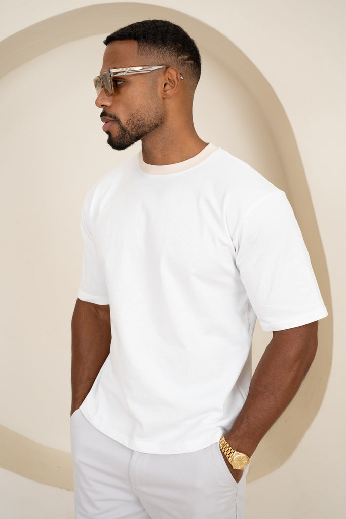 Relaxed Fit Contrast Neck T-Shirt - White