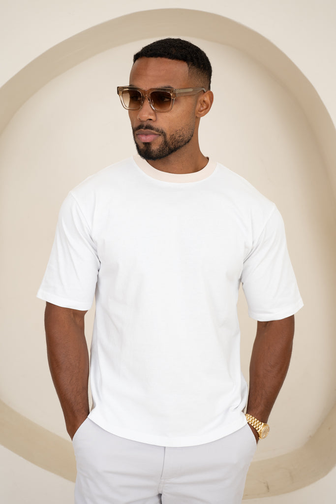 Relaxed Fit Contrast Neck T-Shirt - White