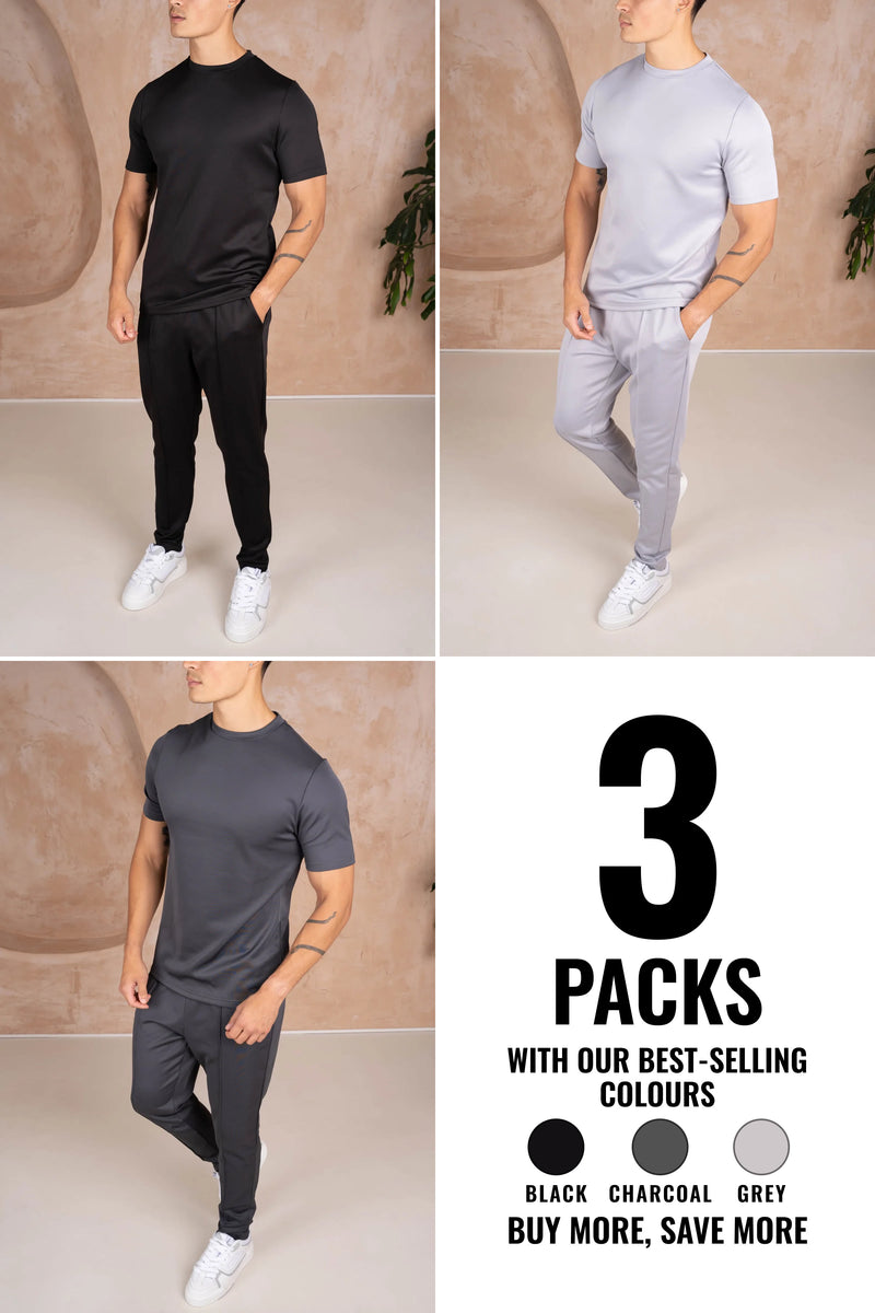 Scuba Slim Fit T-Shirt & Pintuck Joggers Set - 3 Pack (Black, Grey, Charcoal)