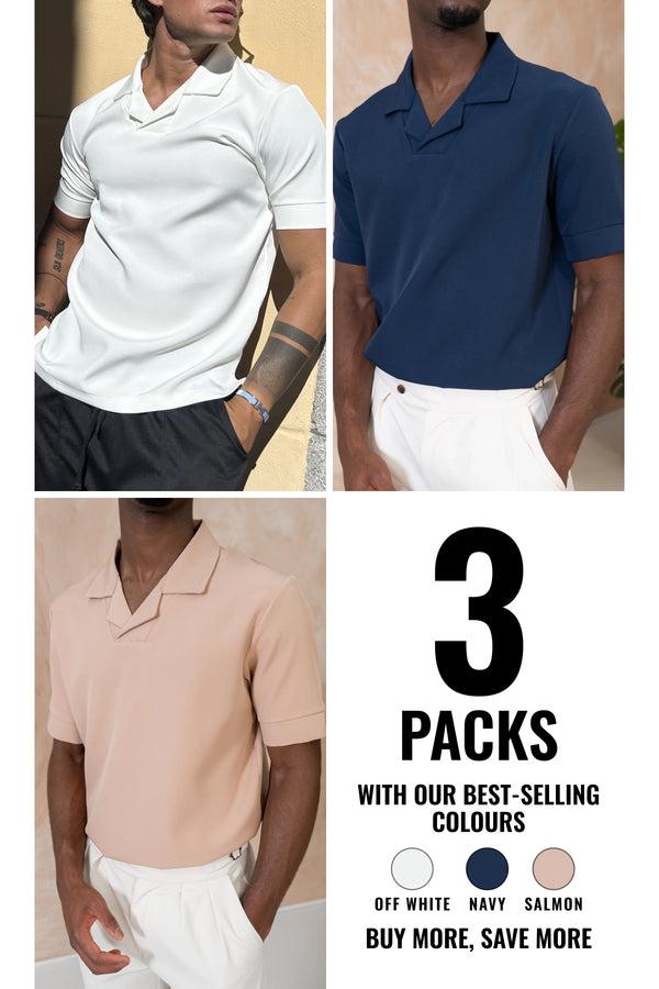 Scuba Open Neck Revere Polo - 3 Colours Pack (Navy, Off White, Salmon) - 3 Pack