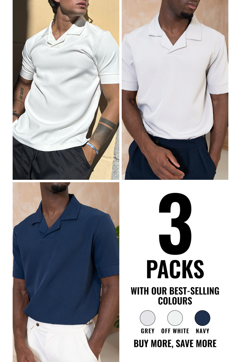 Scuba Open Neck Revere Polo - 3 Colours Pack (Navy, Off White, Grey) - 3 Pack