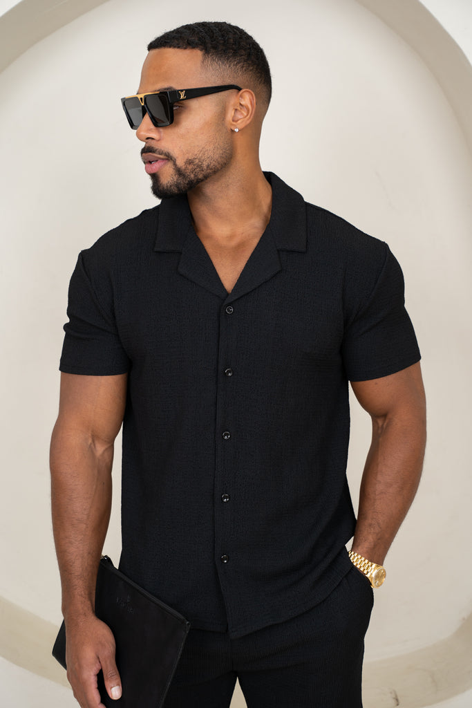 Seersucker Revere Collar Shirt - Black
