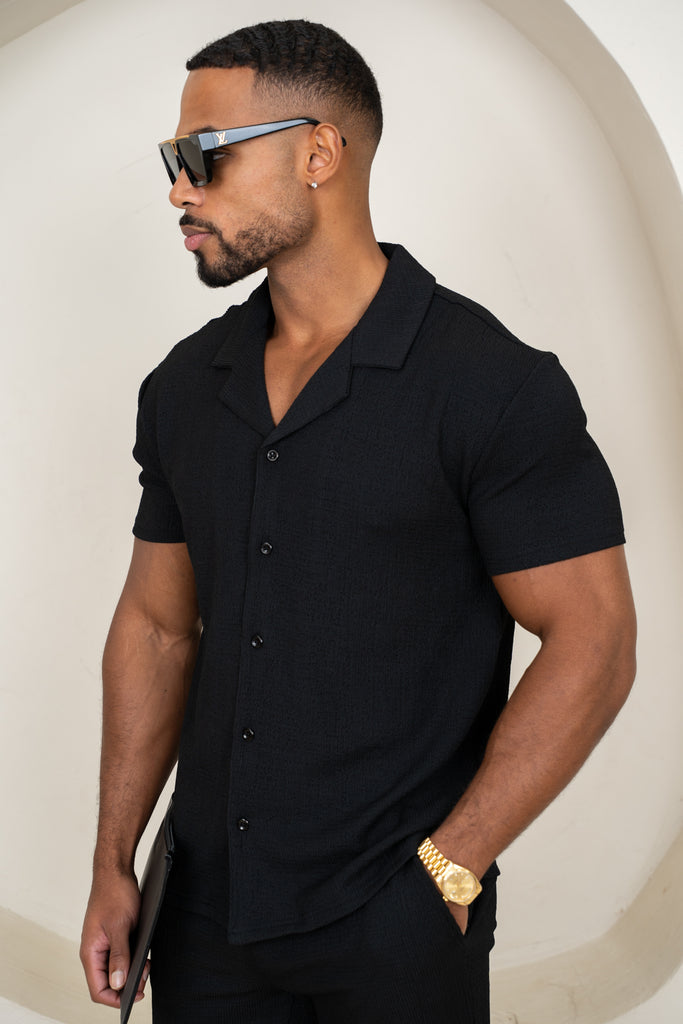 Seersucker Revere Collar Shirt - Black