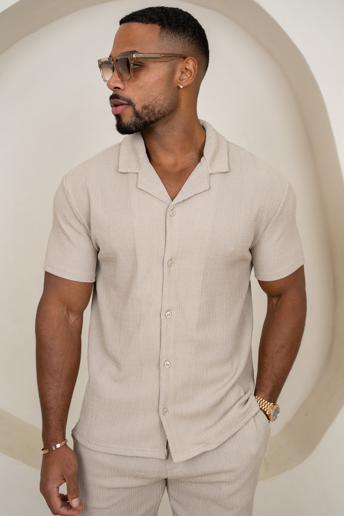 Seersucker Revere Collar Shirt - Taupe