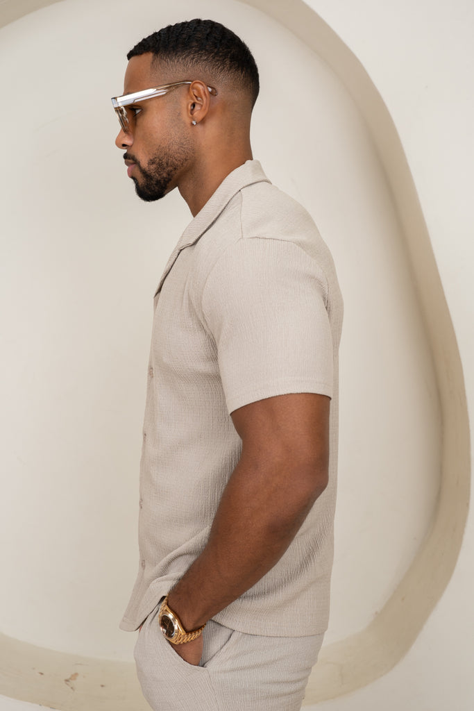 Seersucker Revere Collar Shirt - Taupe