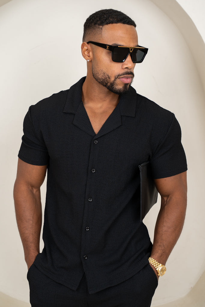 Seersucker Revere Collar Shirt - Black