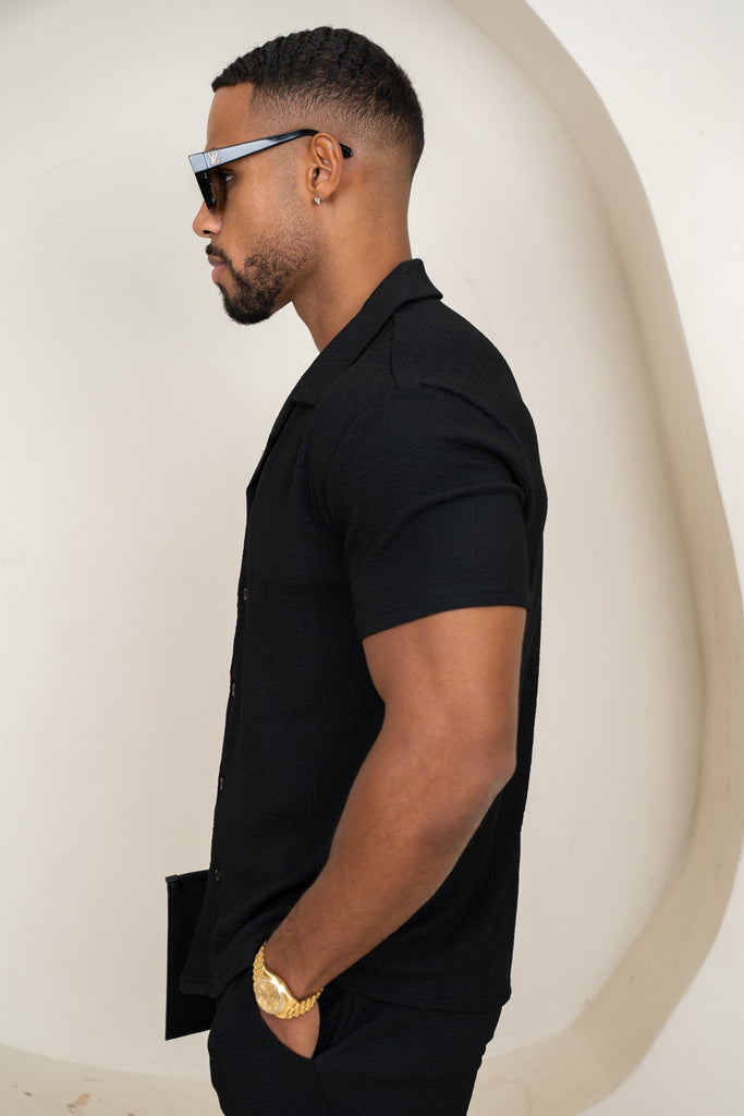 Seersucker Revere Collar Shirt - Black
