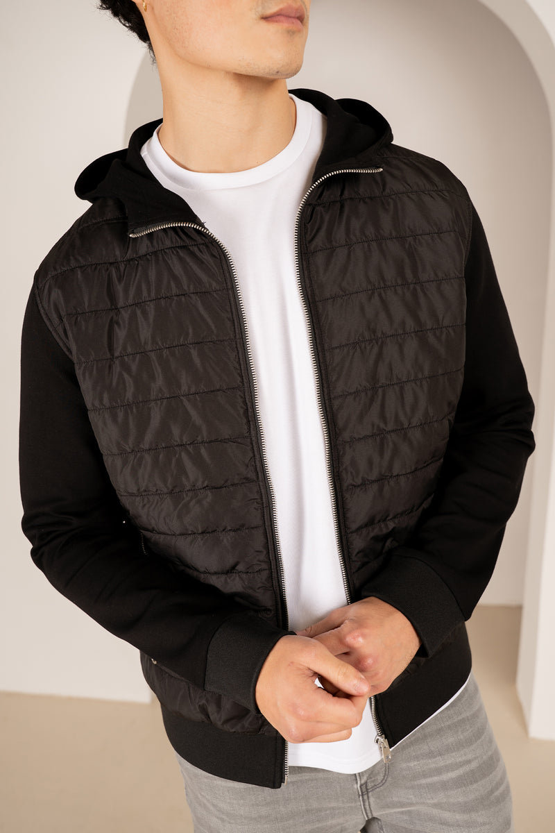 Hybrid Quilted Zip Through Hooded Jacket - Black