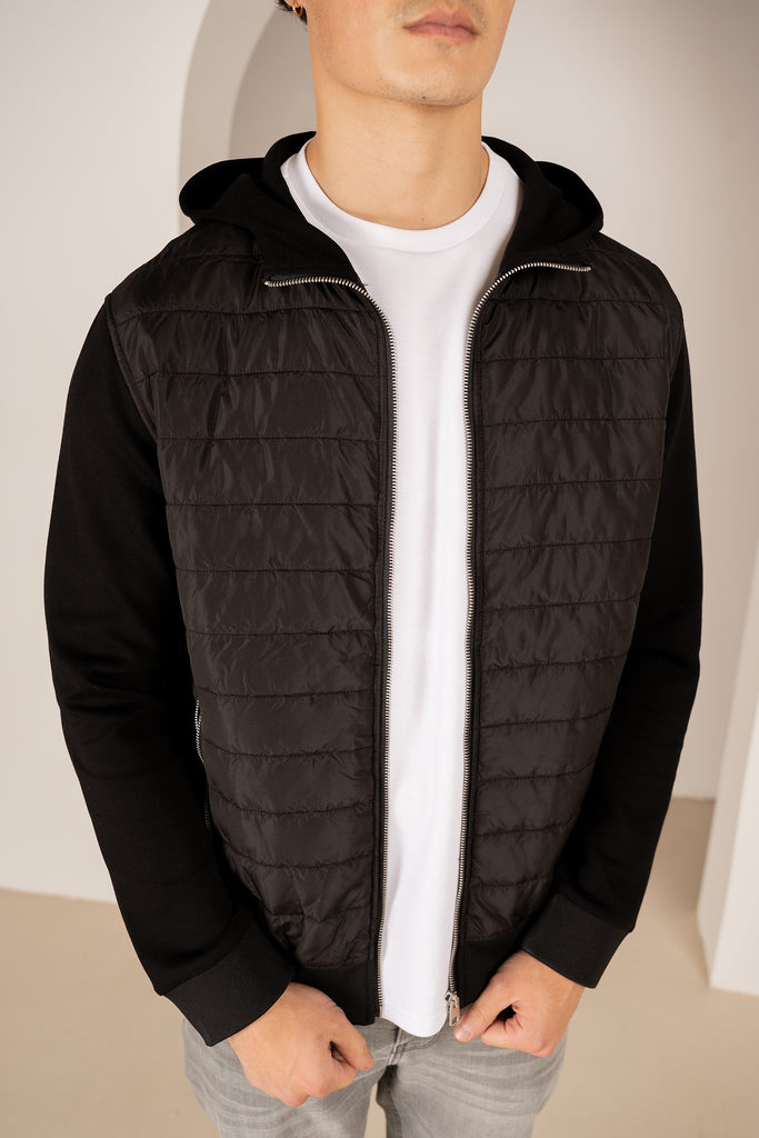 Hybrid Quilted Zip Through Hooded Jacket - Black