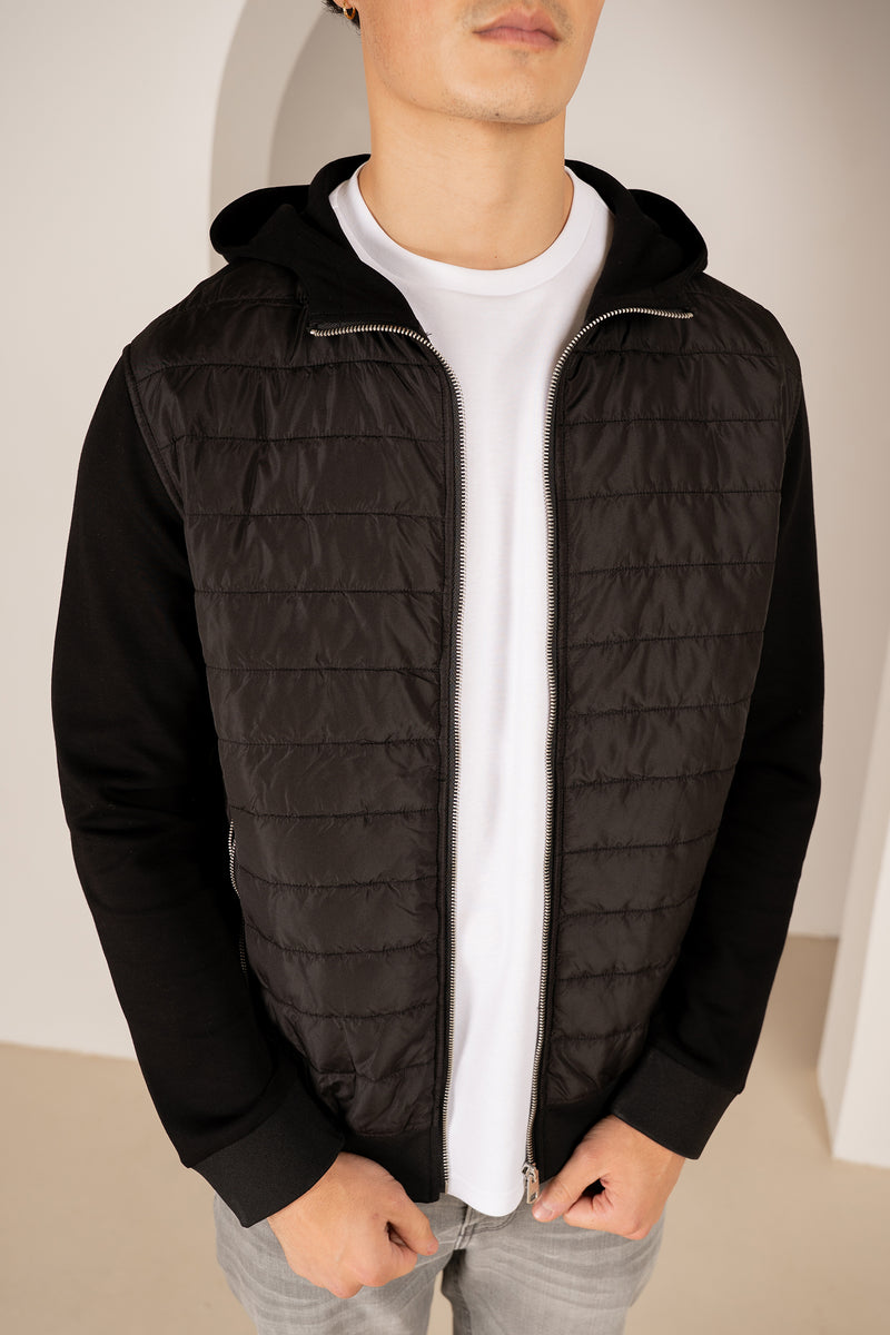 Hybrid Quilted Zip Through Hooded Jacket - Black