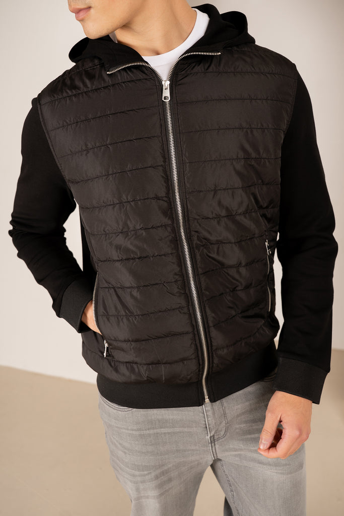 Hybrid Quilted Zip Through Hooded Jacket - Black