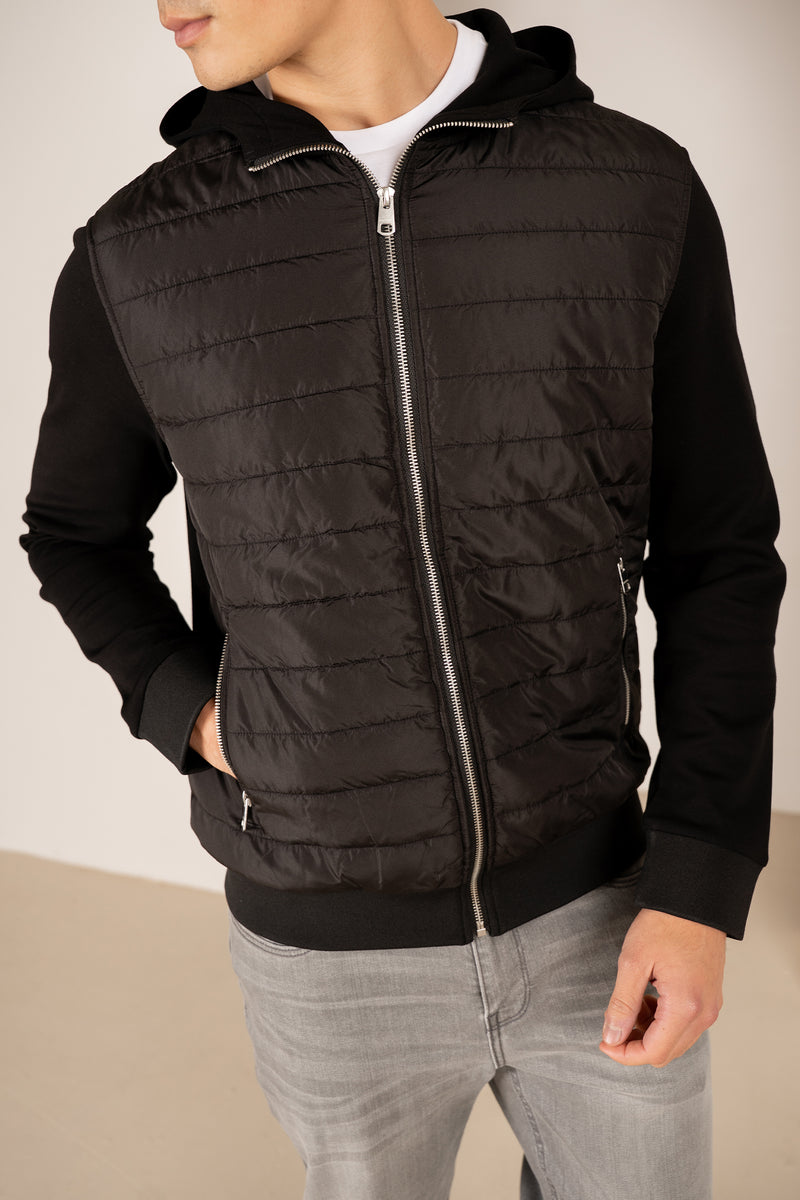 Hybrid Quilted Zip Through Hooded Jacket - Black